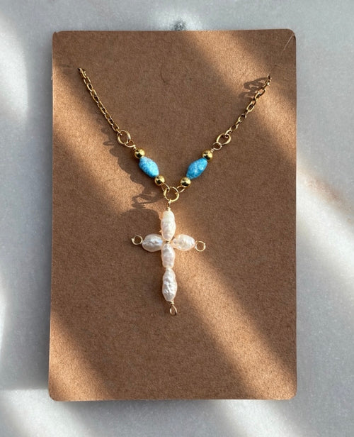 Blue Pearl Cross Necklace