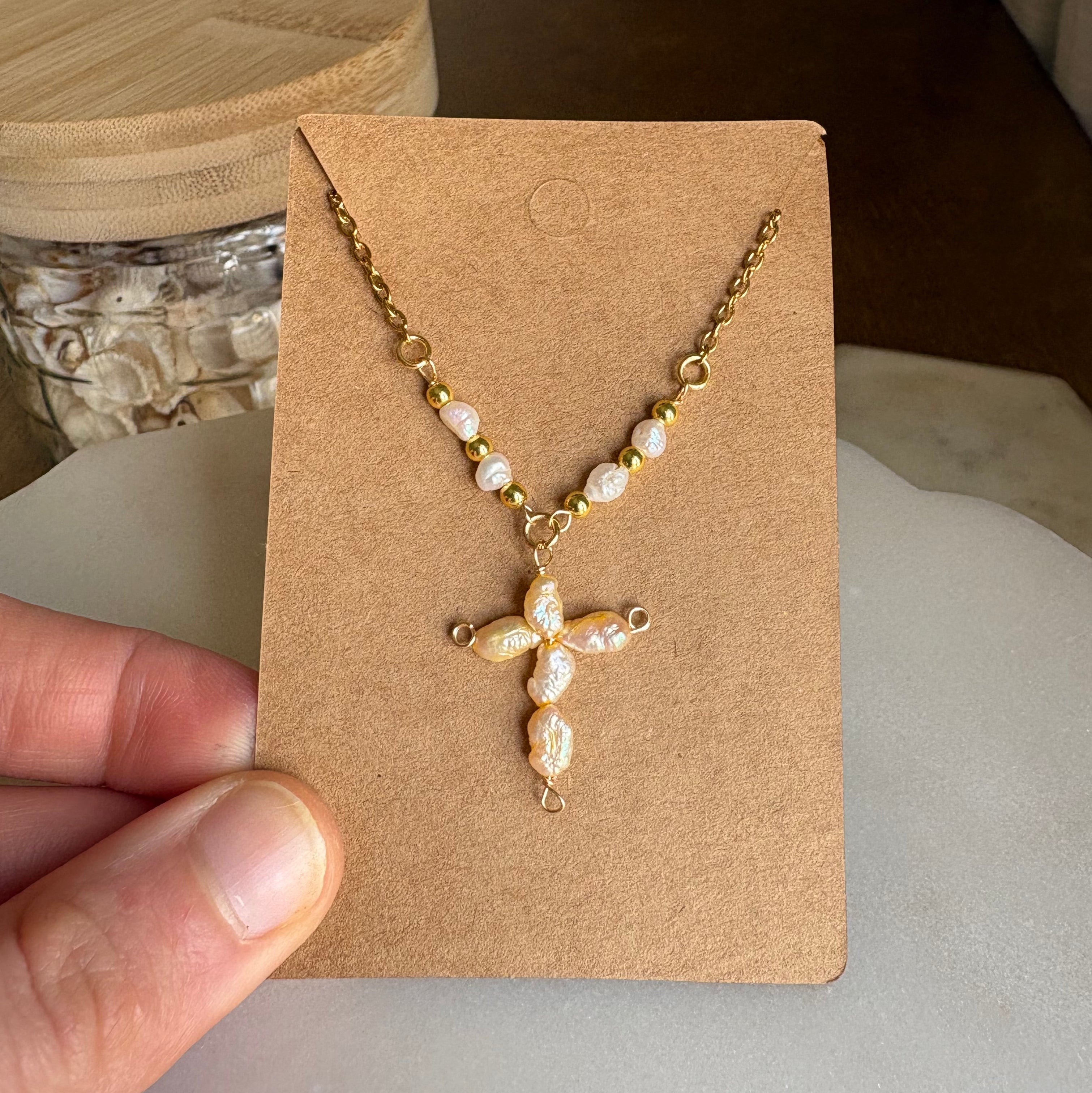 Butter Yellow Pearl Cross Necklace