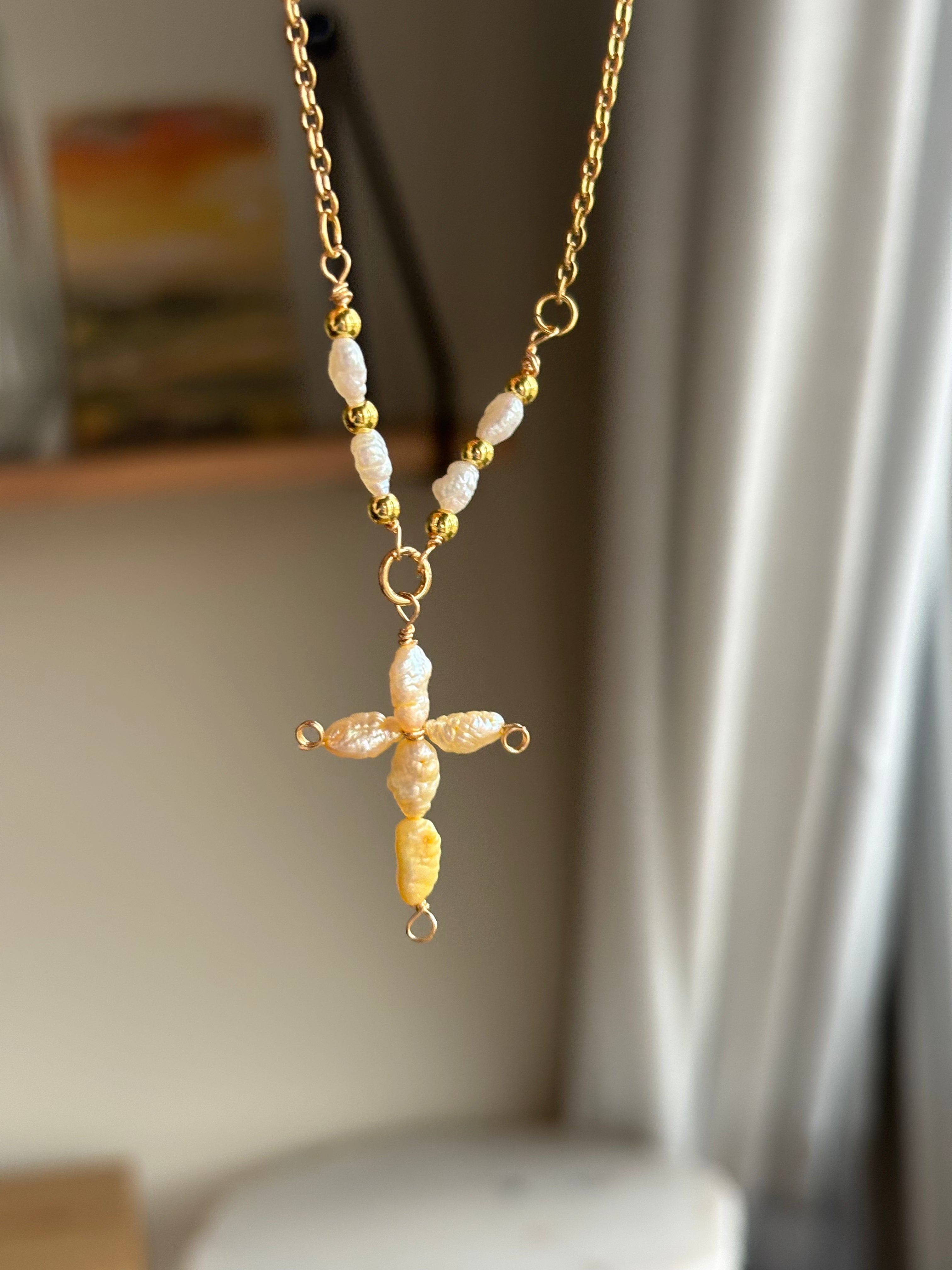 Butter Yellow Pearl Cross Necklace