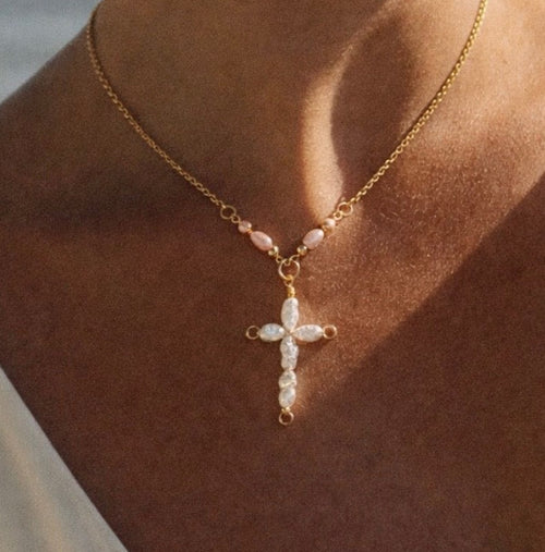 Blush Pearl Cross Necklace